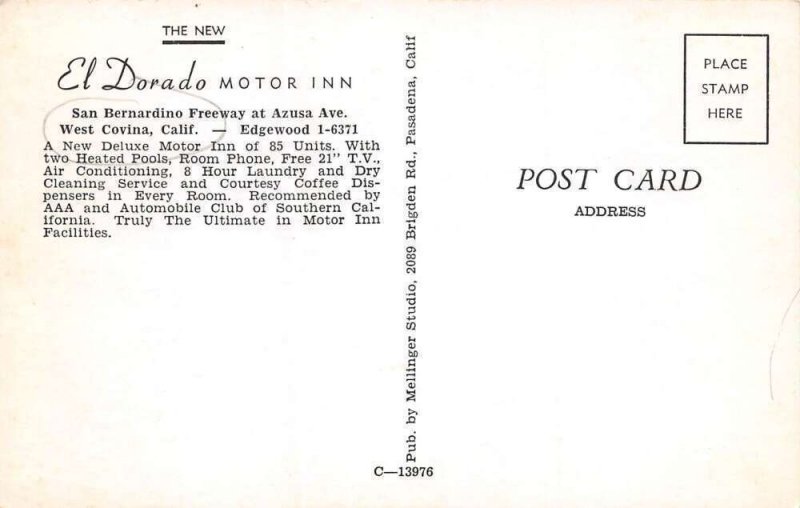 West Covina California El Dorado Motor Inn, Chrome Vintage Postcard U13380