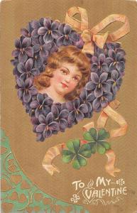 Valentines Greetings Girl Heart Flowers Clovers Antique Postcard (J20302)