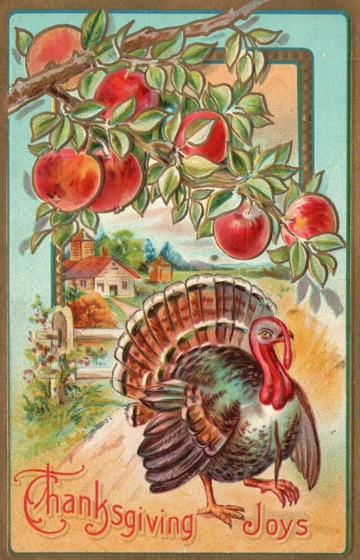 Vintage Postcard 1910's Thanksgiving Joys Greetings Turkey Beach Tree Embossed