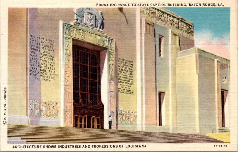 Linen Postcard Front Entrance to State Capitol Building in Baton Rouge Louisiana