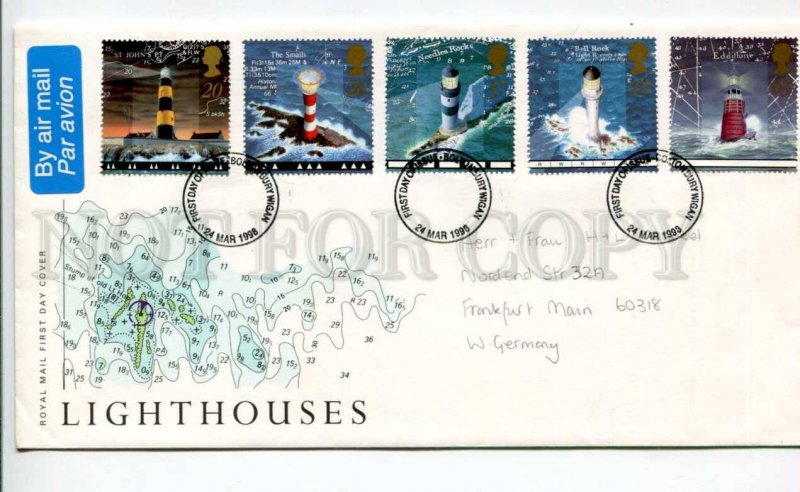 424730 UK to GERMANY 1998 year LIGHTHOUSES real posted air mail First Day COVER