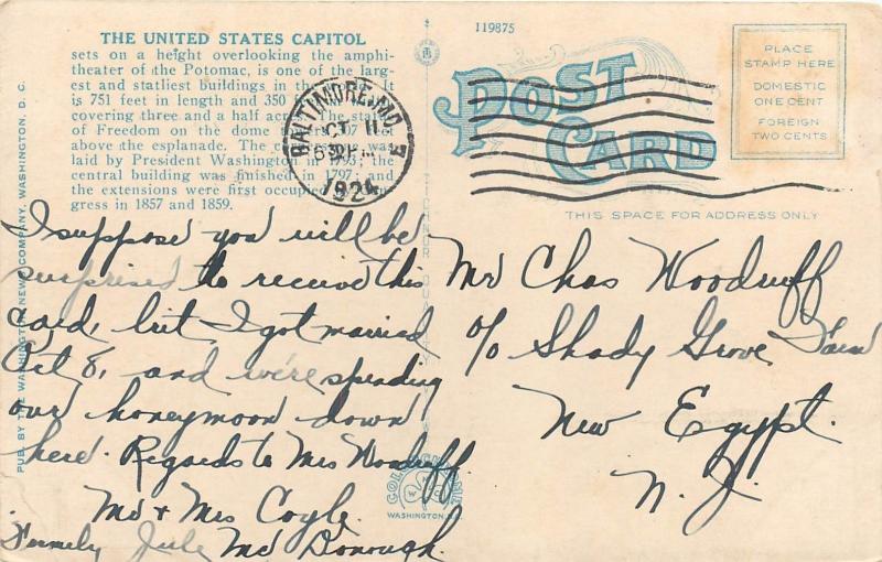 U S Capitol Building Washington DC Fountain pm 1924 Postcard