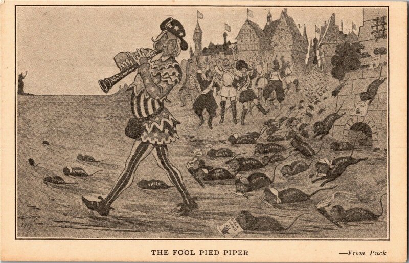 Political Cartoon Fool Pied Piper Anti Immigration Vintage Postcard X23