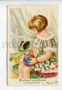 427207 Girl & FRENCH BULLDOG Boston Terrier Vintage postcard