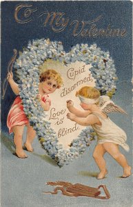 H66/ Valentine's Day Love Holiday Postcard c1910 Blindfold Cupid Heart 10