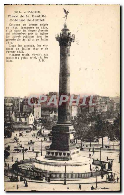 Old Postcard Paris Bastille Square Column Jillet