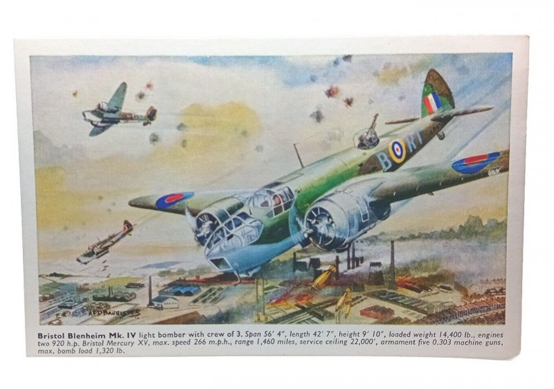 Bristol Blenheim MkIV Light  Bomber Aircraft WW2 Vtg Art Postcard AFD Bannister