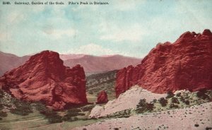 Vintage Postcard Gateway Garden Of The Gods Pikes Peak In Distance Colorado CO