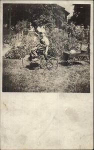 Little Boy Pulling Wagon w/ His Tricycle c1910 Real Photo Postcard - Old Toys