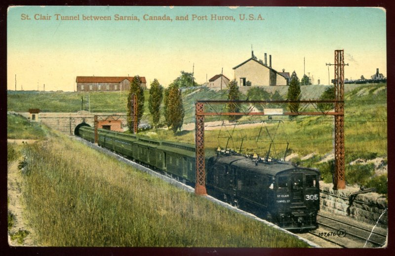 dc1196 - SARNIA Ontario Postcard 1906 St. Clair Railway Tunnel. Train