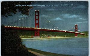 SAN FRANCISCO, CA  Night Scene GOLDEN GATE BRIDGE to Marin County 1940s Postcard