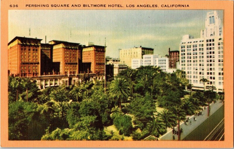 Pershing Square Biltmore Hotel Lost Angeles Califnornia Linen Postcard Vintage 