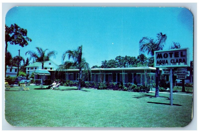Clearwater Beach Florida FL Postcard Aqua Clara Motel Exterior c1960's Signages