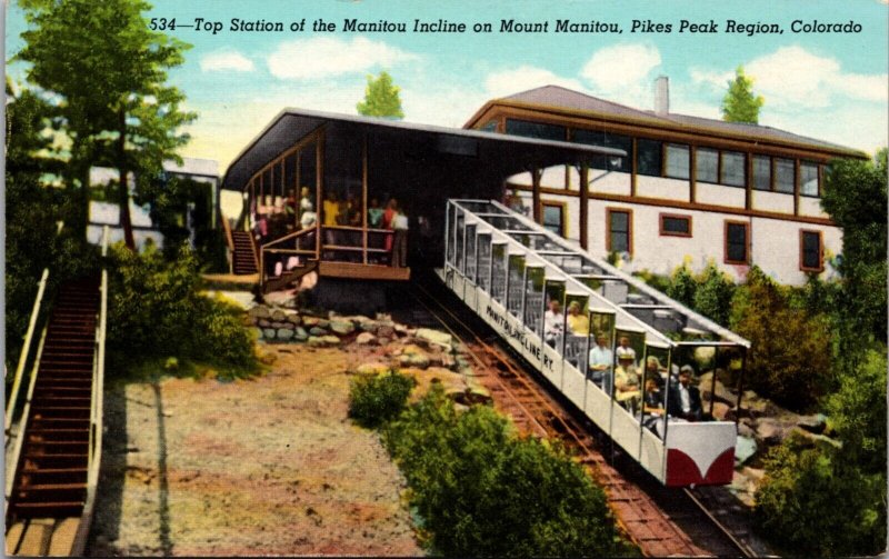 Linen Postcard Top Station of the Mount Manitou Incline Pikes Peak Colorado
