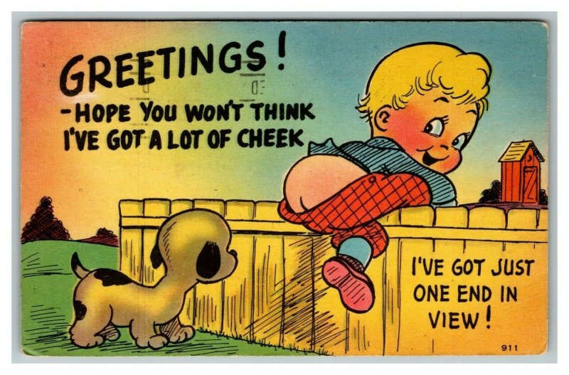 Vintage 1948 Comic Postcard Child Climbing Fence Loses Pants ...Lot of Cheek