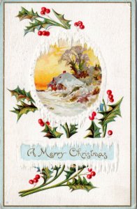 Postcard Merry Christmas - Winter scene with holly - Julius Bien