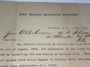 Rare 1903 John Ericson Centennial Letterhead Statue Unveiling Battery Park NY