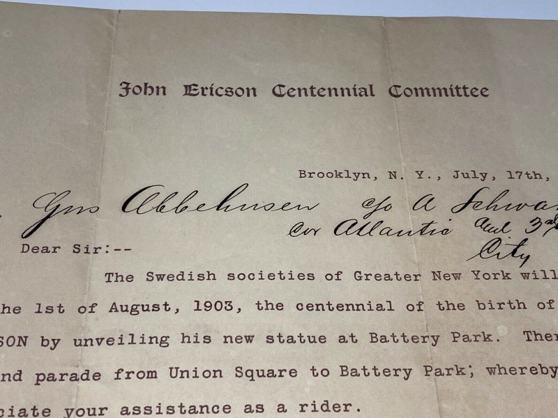 Rare 1903 John Ericson Centennial Letterhead Statue Unveiling Battery Park NY