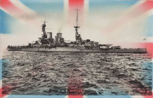 HMS Repulse Military Ship War Union Jack Flag RPC Postcard