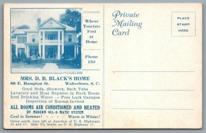 Postcard Walterboro SC c1930s Mrs. D. B. Blacks Home US Hwy 17 Tourist Advert