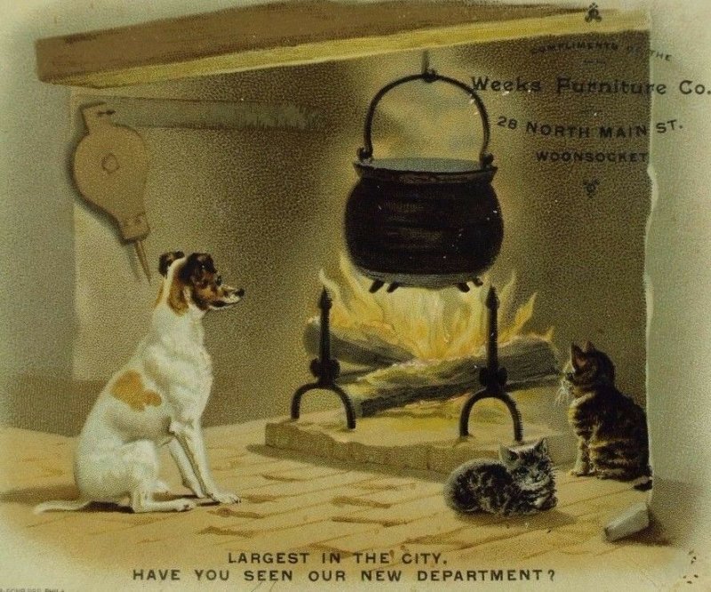 1870's-80's Weeks Furniture Co Fireplace Kettle Cat Kittens & Cute Dog &X