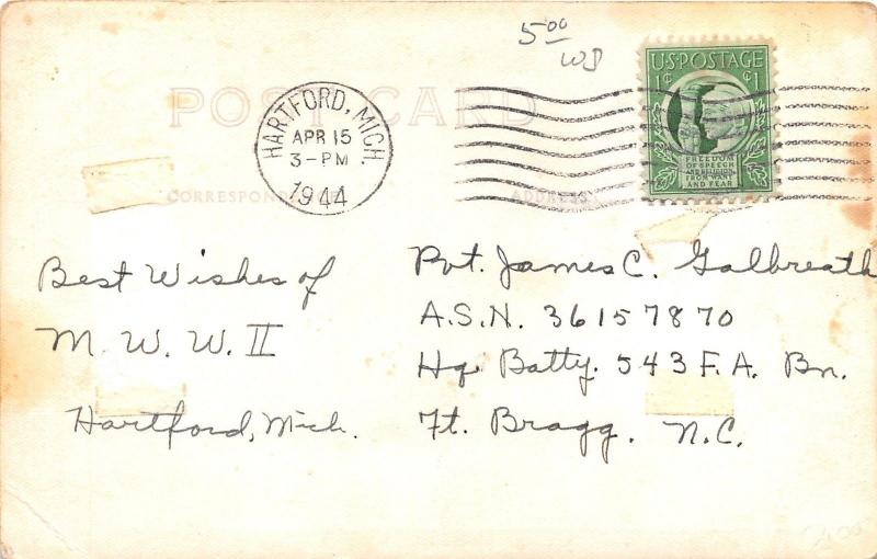 Hartford Michigan~Gardens in Park~RPPC Mailed 1944 to Soldier (James Galbreath)