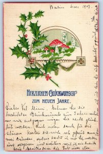 1907 Christmas Holly Berries Mushroom Winter Scene Embossed Antique Postcard