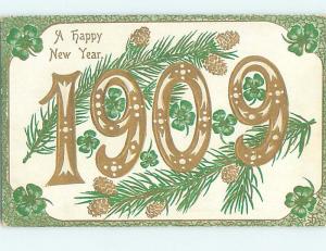 1909 large date new year NUMBERS WITH PINECONES AND BRANCHES HQ7757