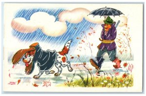 c1950's Man Walking And Dog Wearing Boots Cover Flowers Russia Vintage Postcard