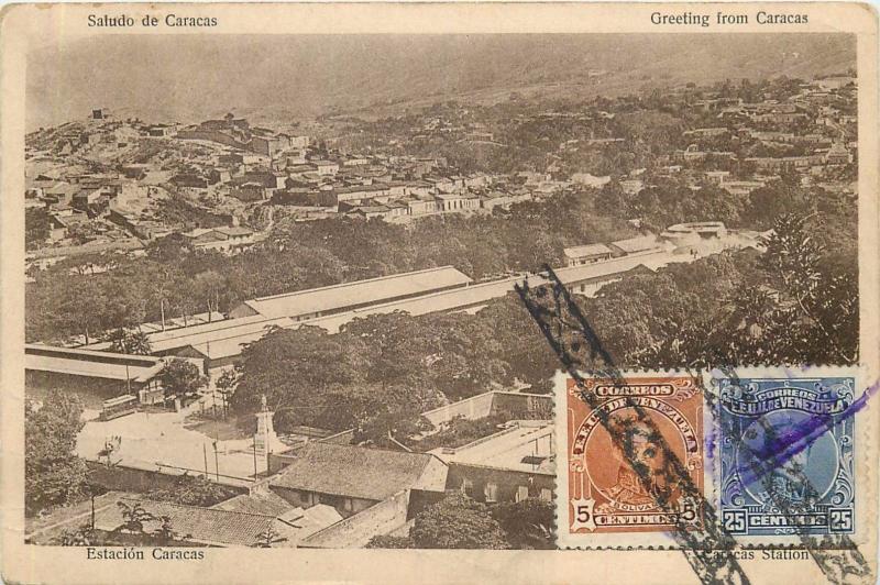 Venezuela greetings from Caracas Station panorama postcard 1920s TCV stamps