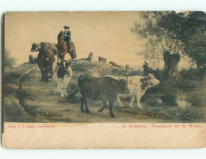 Unused Pre-1907 western CATTLE DRIVE - COWBOY HERDS COWS DOWN THE HILL J4213