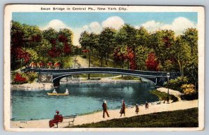 Swan Bridge In Central Park, New York City, Antique Postcard