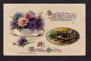 Vintage John Winsch 1914 Birthday Greeting Poem Postcard Purple Flowers  PC