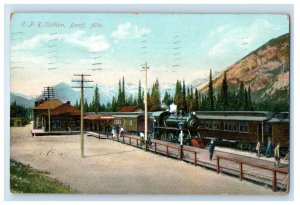1908 Mountain Train Locomotive C.P.R Station Banff Alberta Canada Postcard