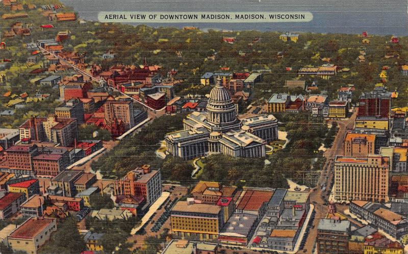 Aerial View of Downtown Madison, Madison, Wisconsin, Early Linen Postcard, Used