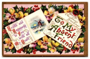 1910 Hearty Christmas Greetings, Windmill Scene, Floral, Greetings Postcard