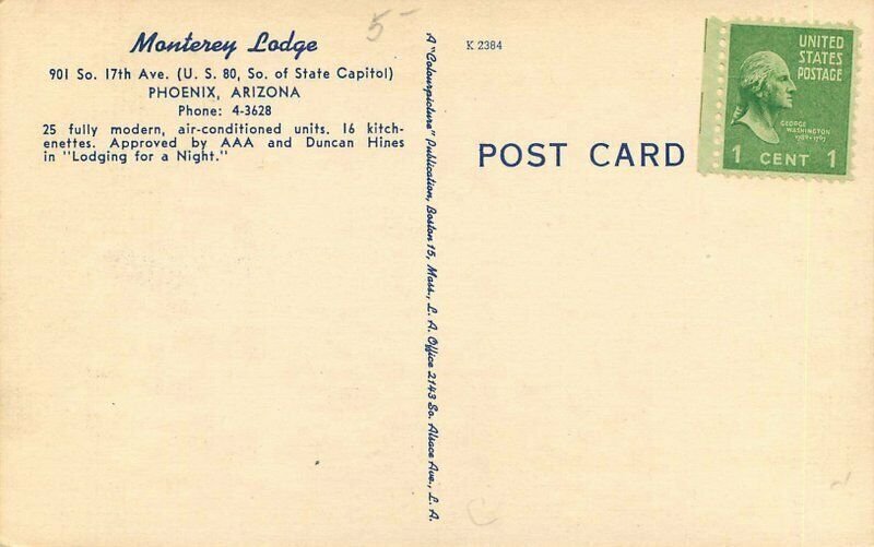 Phoenix Arizona Monterey Lodge Roadside Postcard Colorpicture linen 21-11936