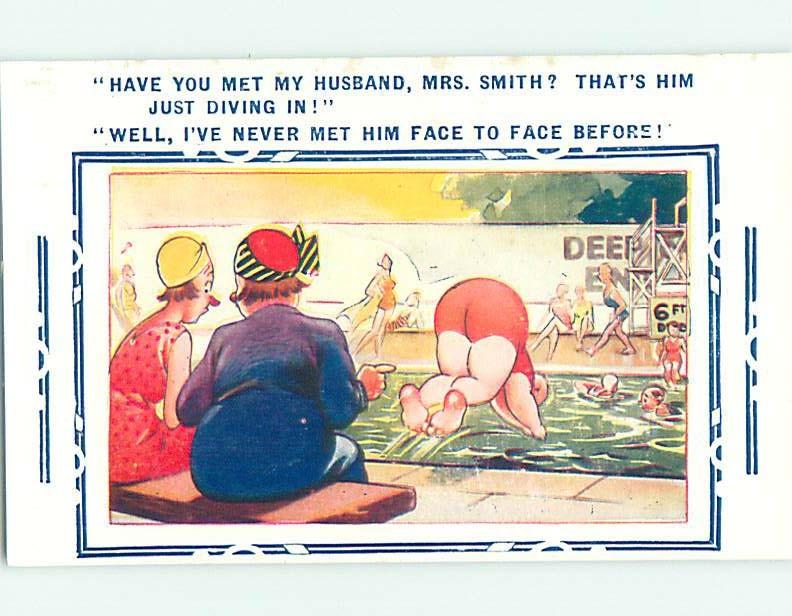 Bamforth comic WOMEN CHATTING BESIDE THE SWIMMING POOL HL3289@