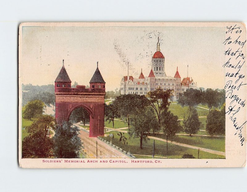 Postcard Soldiers Memorial Arch And Capitol, Hartford, Connecticut