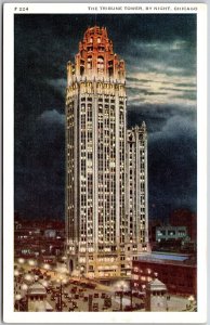 The Tribune Tower By Night Chicago Illinois IL North Michigan Avenue Postcard