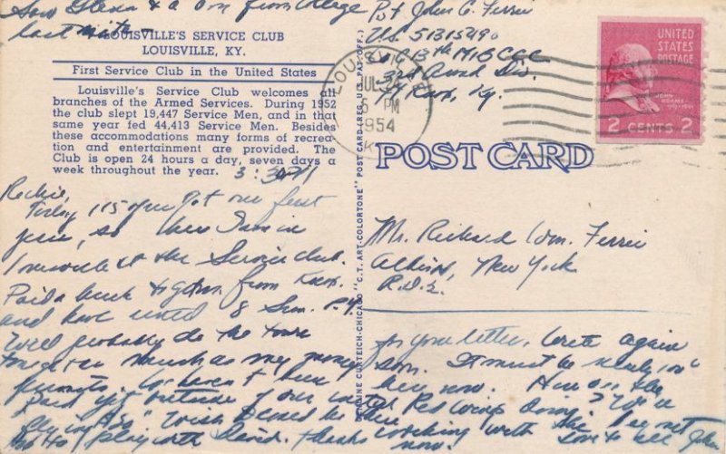 Military Service Club - Louisville KY, Kentucky - pm 1954 - Linen