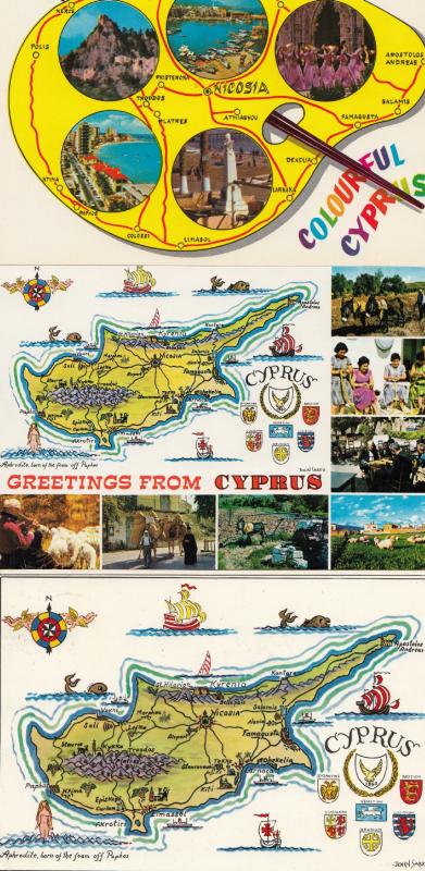 Colourful Cyprus Artists Paint Palette Aphrodite 3x 1980s Map Postcard s