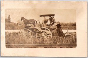 Group Of Women & Coachman Horse-Drawn Carriage RPPC Real Photo, Vintage Postcard