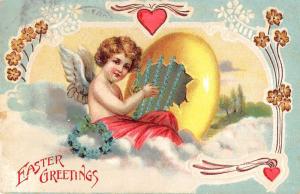 Easter Greetings Angel Playing Egg Harp Antique Postcard K25579