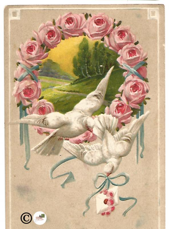 White Doves and Pink Rose framing Beautiful Meadow Scene Letter in Beak