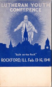 Postcard IL Rockford - 1941 Lutheran Youth conference - Jesus  Church silhouette