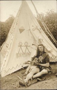 White Man as Native American Indian Dog & Tepee Crisp Photography RPPC