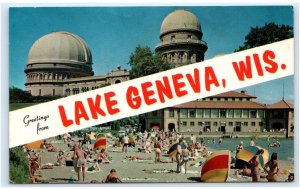 Greetings From LAKE GENEVA, WI Wisconsin ~  Observatory 1966 Banner Postcard