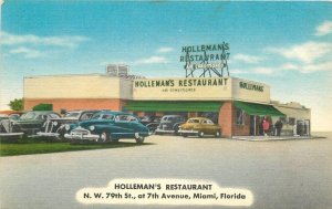 Postcard Florida Miami Holleman's Restaurant autos MWM linen 23-6074