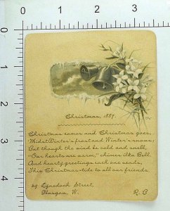 1887 Christmas Card Lovely Poem Bells White Flowers Fabulous! P89